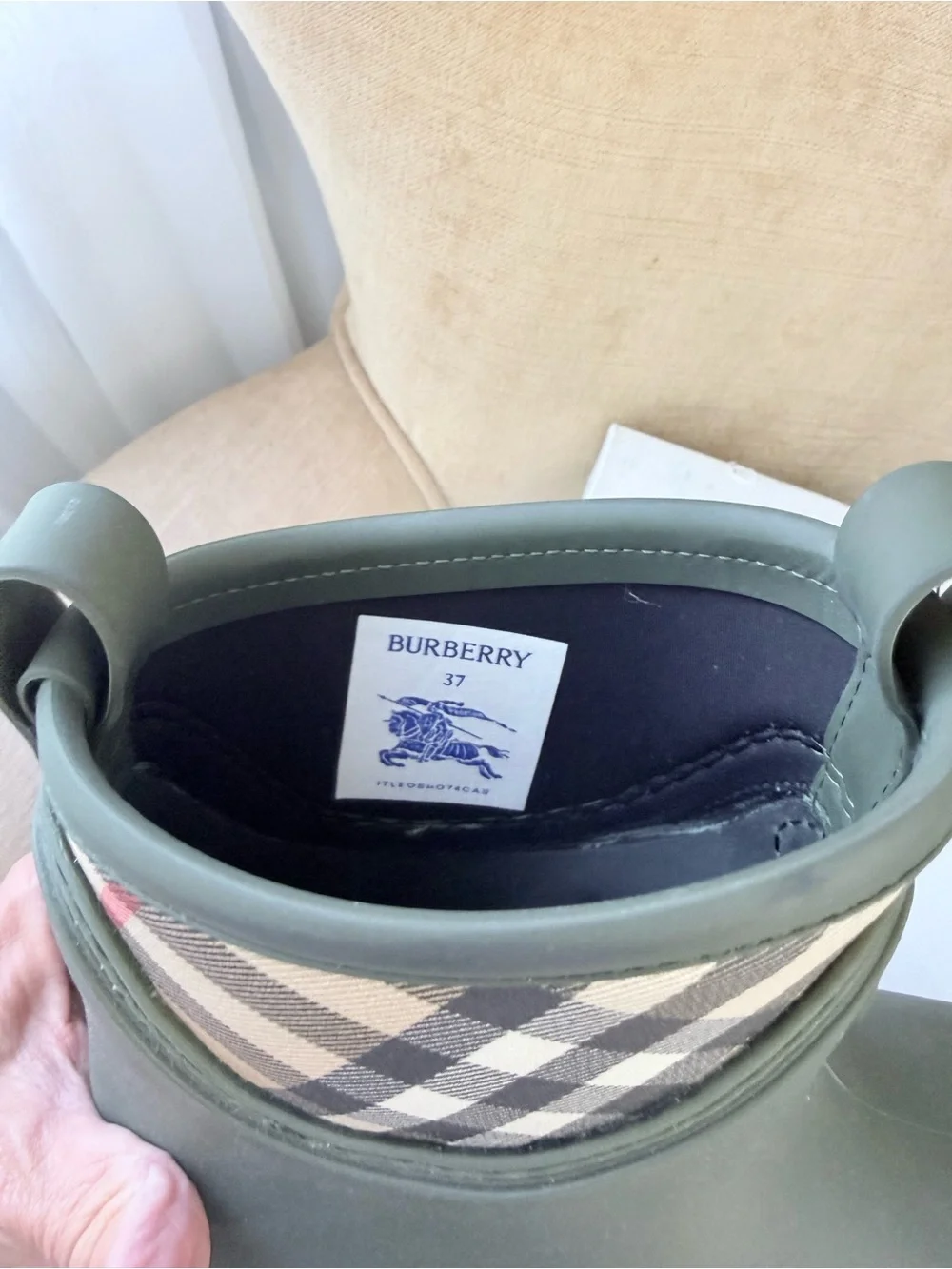 Burberry Olive Green Short Rain Boots with Signature Check Trim